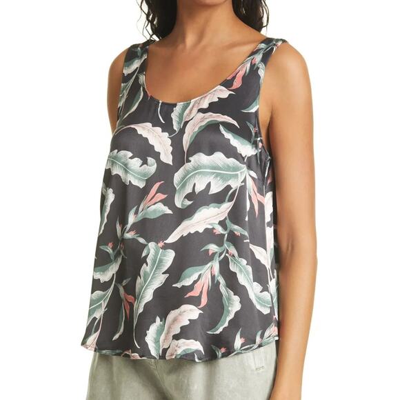 Rails Ida Paradiso Tank Large – Black Floral Leaf Print Satin Scoop Neck Top - Picture 1 of 12